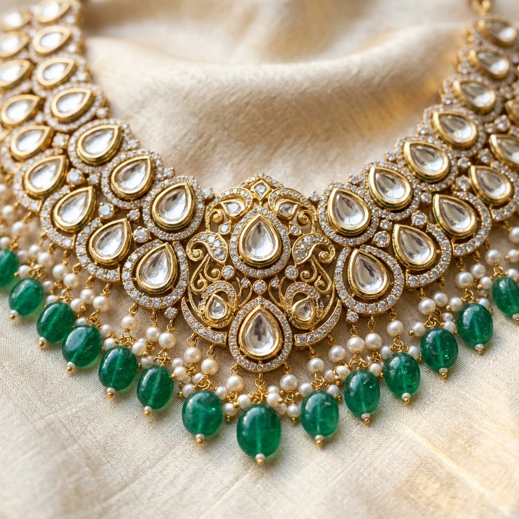 Custom emerald Kundan necklace and earring set